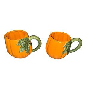 Set Of 2 Pumpkin-Shaped Ceramic Coffee Mugs With Green Leaf Handles